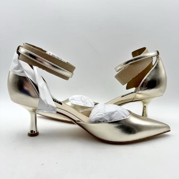 Nine West Womens Racha High Heels US 7.5 M Gold Vegan Leather Closed Toe NIB - Picture 4 of 12